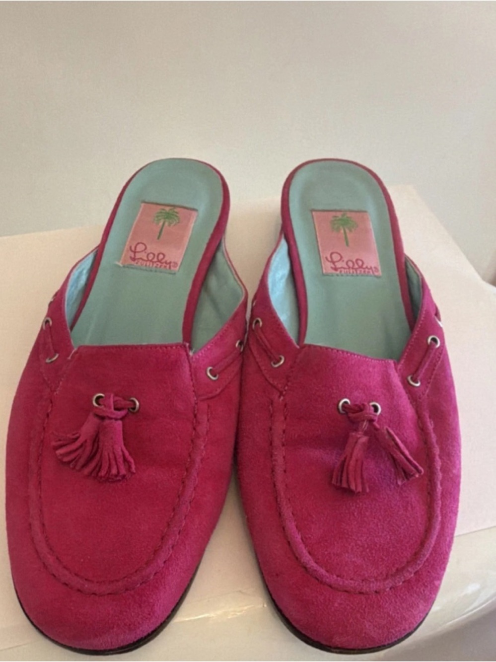EUC Vintage Lilly Pulitzer Fuchsia Hot Pink Suede Tassel Mules Size 8 Summer